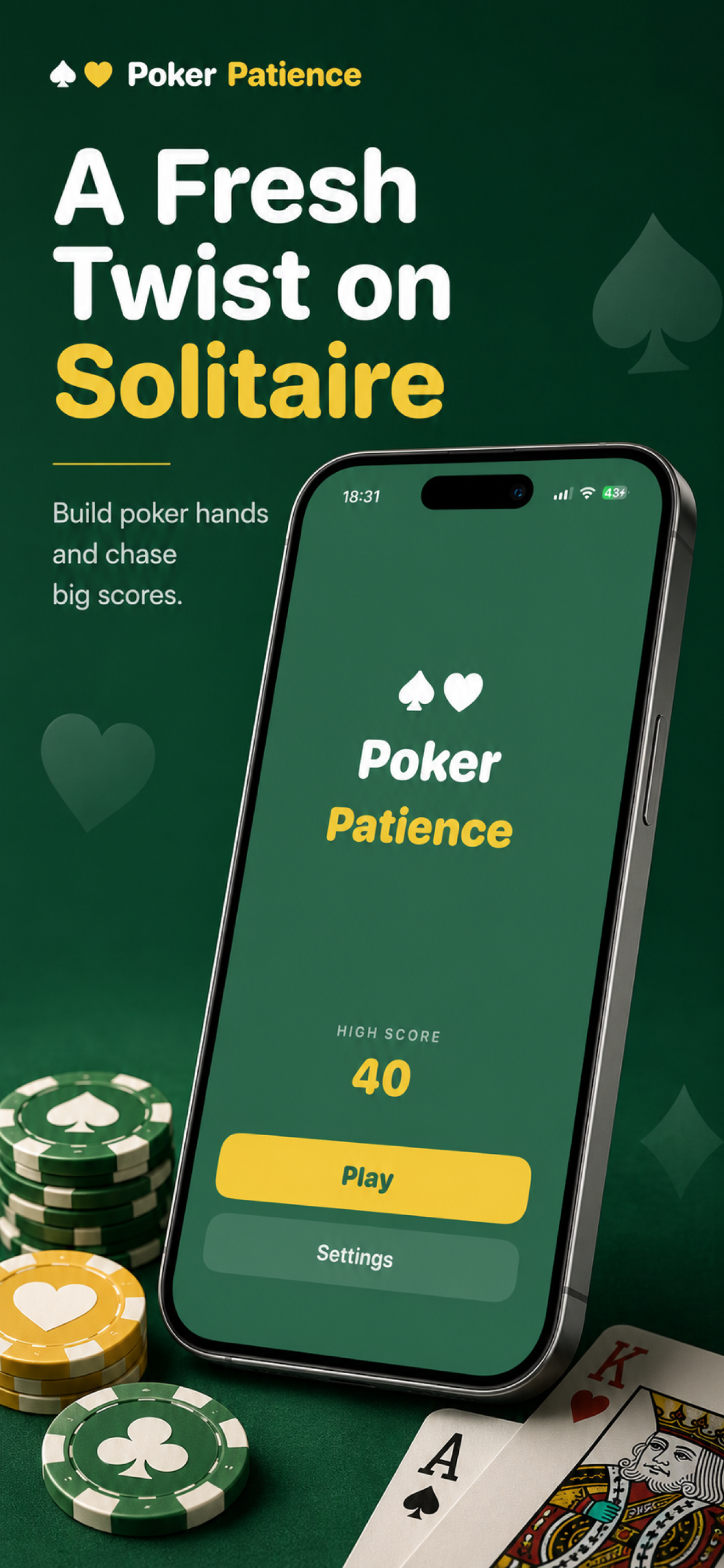 Poker Patience Classic promo screen saying A Fresh Twist on Solitaire