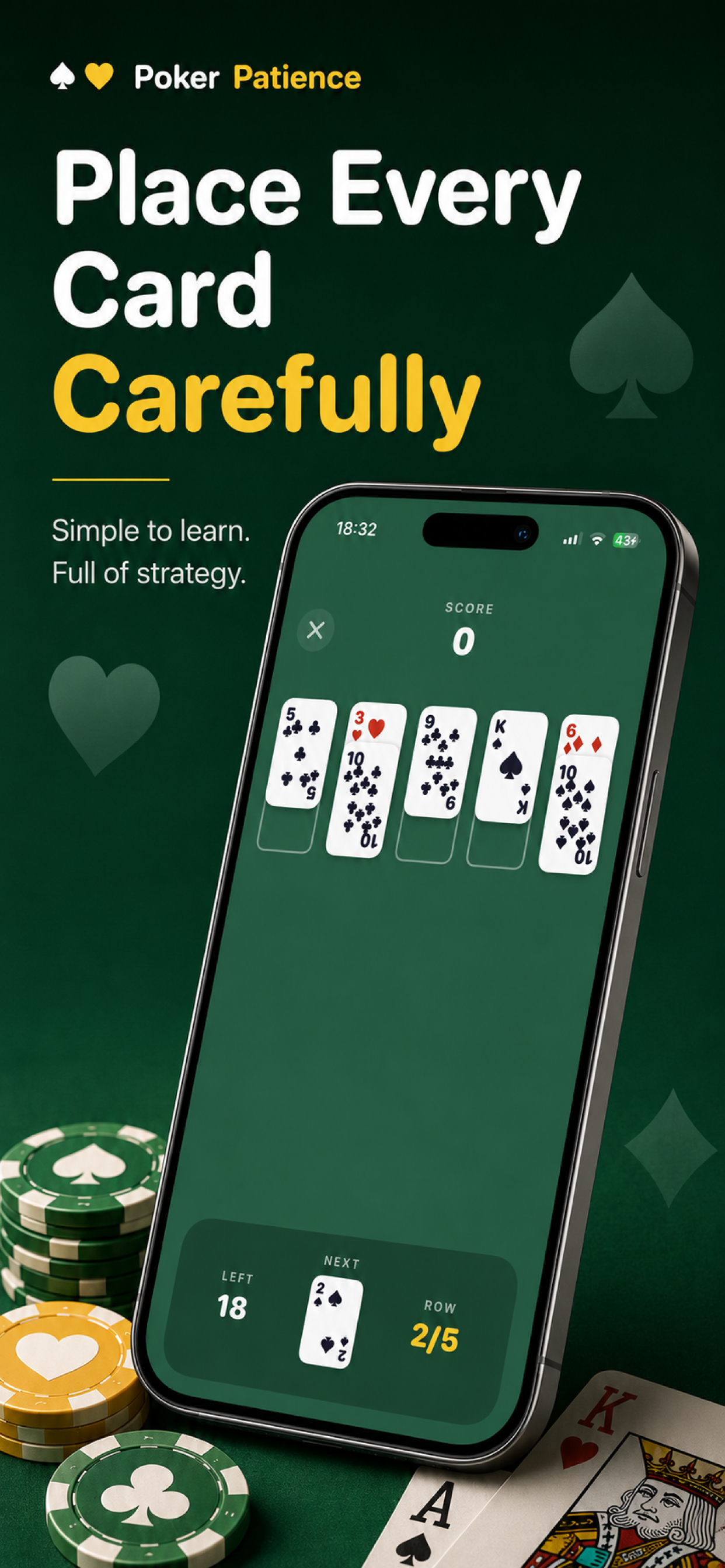 Poker Patience Classic screenshot: Place Every Card Carefully