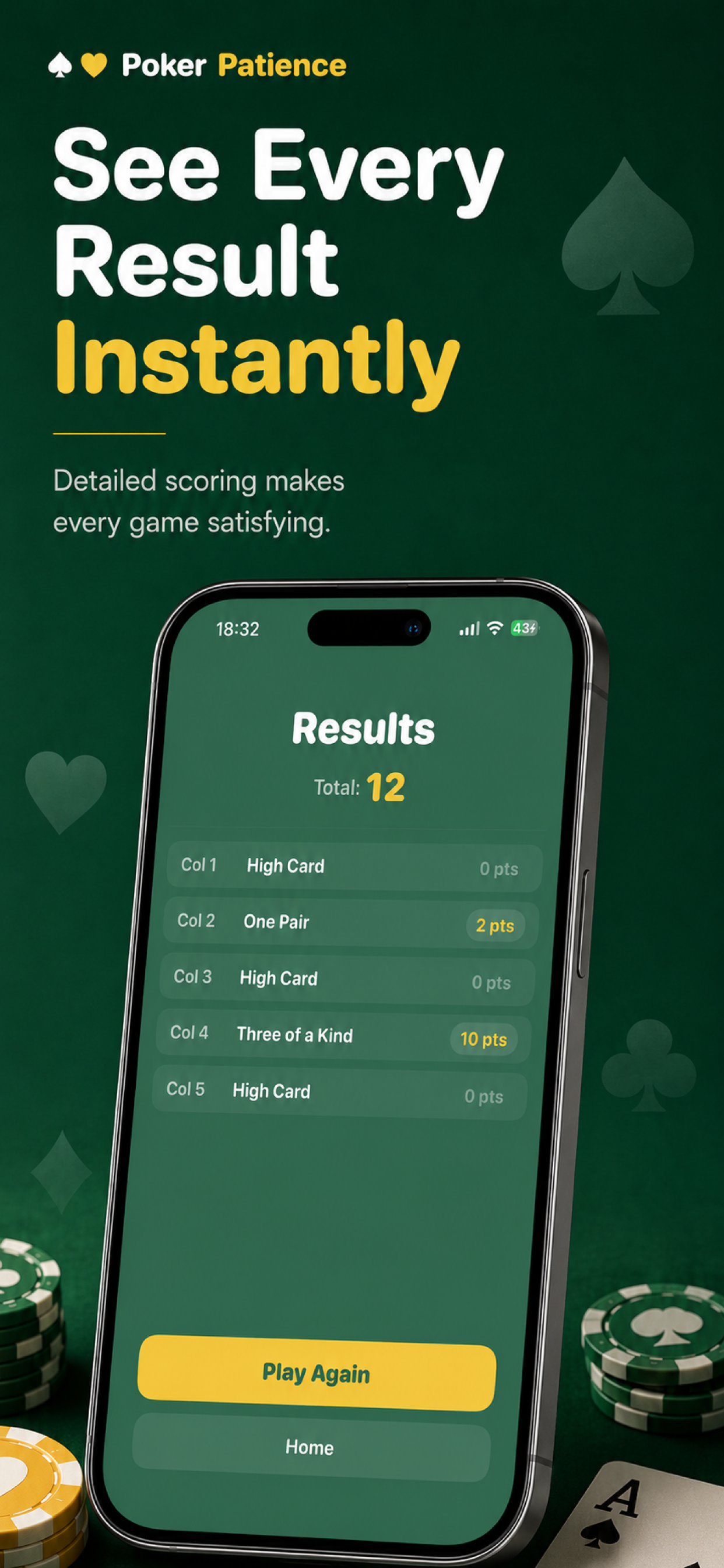 Poker Patience Classic screenshot: See Every Result Instantly